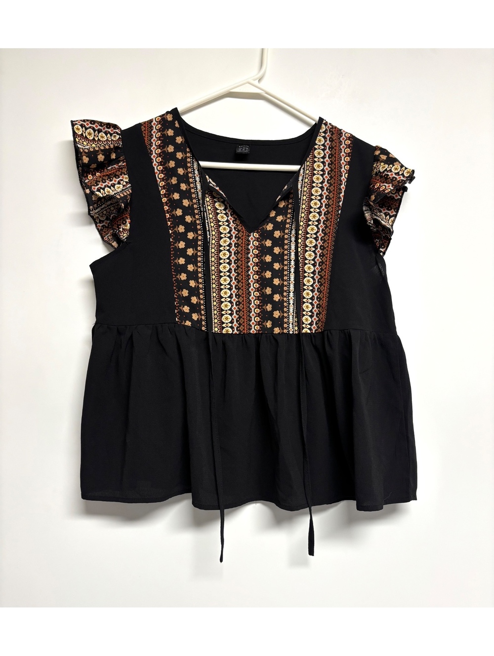 Shein Women’s Medium Black Boho Floral Print Flutter Sleeve Peplum Blouse